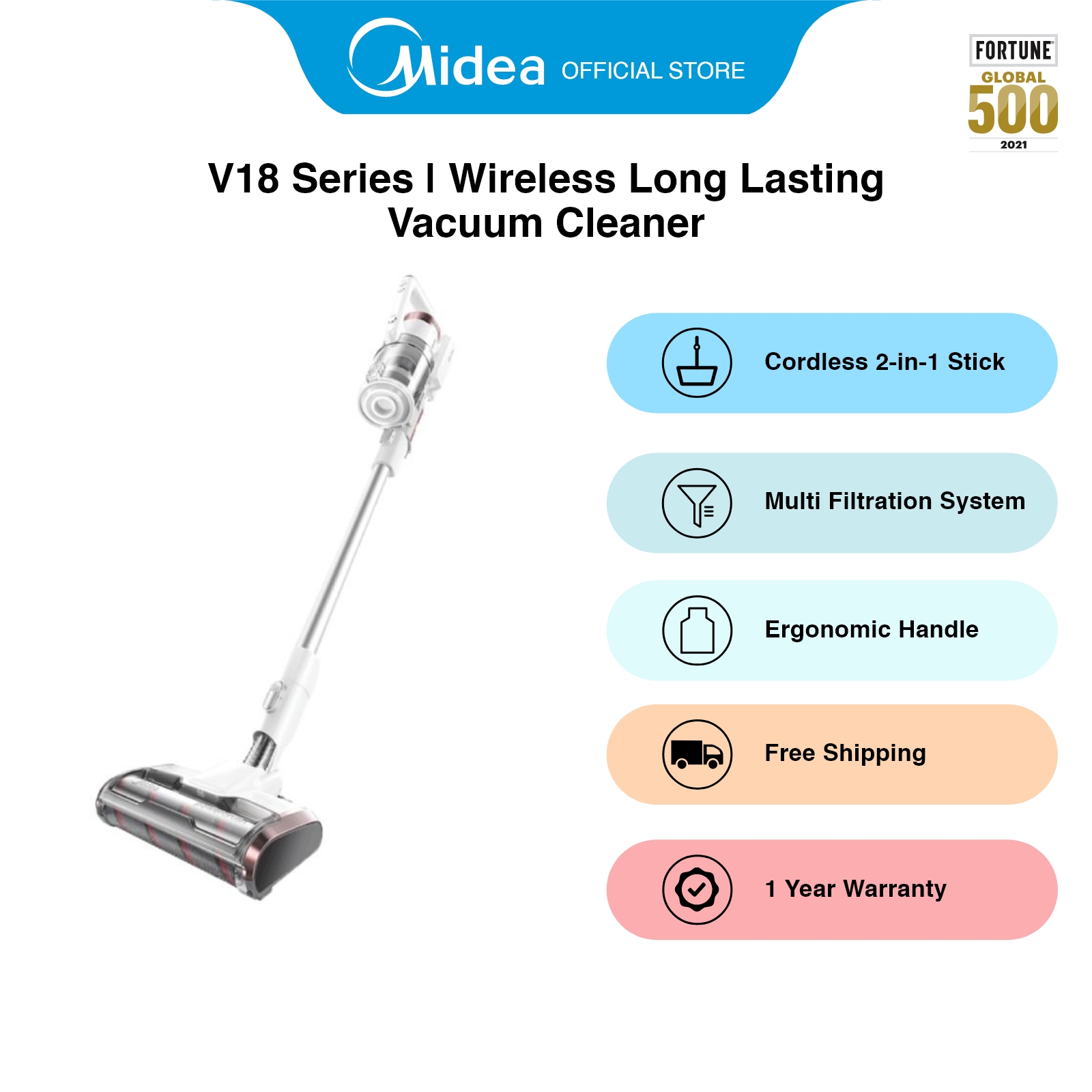 Midea MVC-V18PR Grey/White 2-in-1 Cordless Vacuum Cleaner, 350W