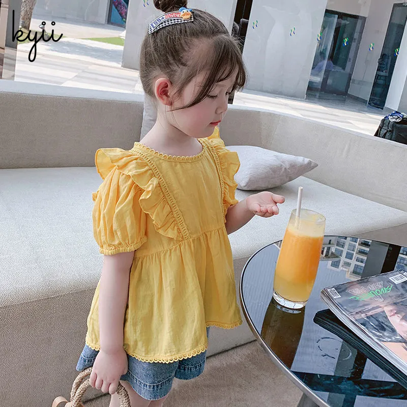 KYII Girls New Children Cotton Short Sleeve Shirt Summer Dress Western Style Baby Shirt Bubble Sleeve Top ky074